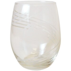 stemless wine glass with athletic logo and swirl image